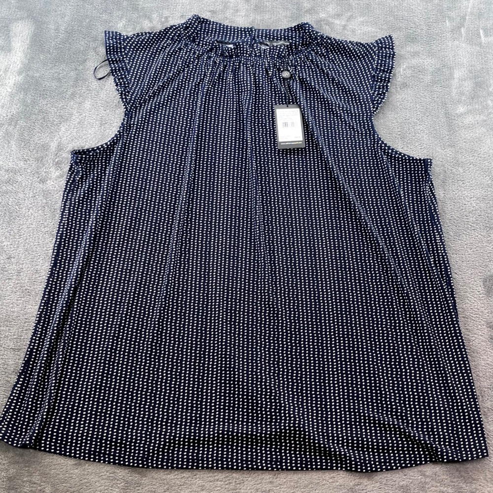 NWT Adrianna Papell Navy Polka Dot Ruffle Mock Neck Tank Blouse 2X AD1S300407W